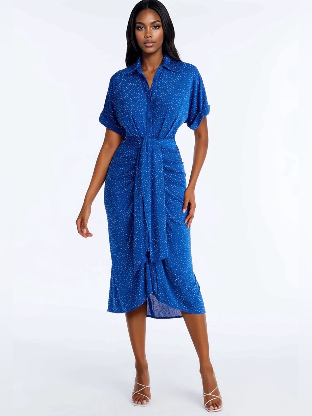 Blue Polka Dot Shirt Dress with Tie Waist
